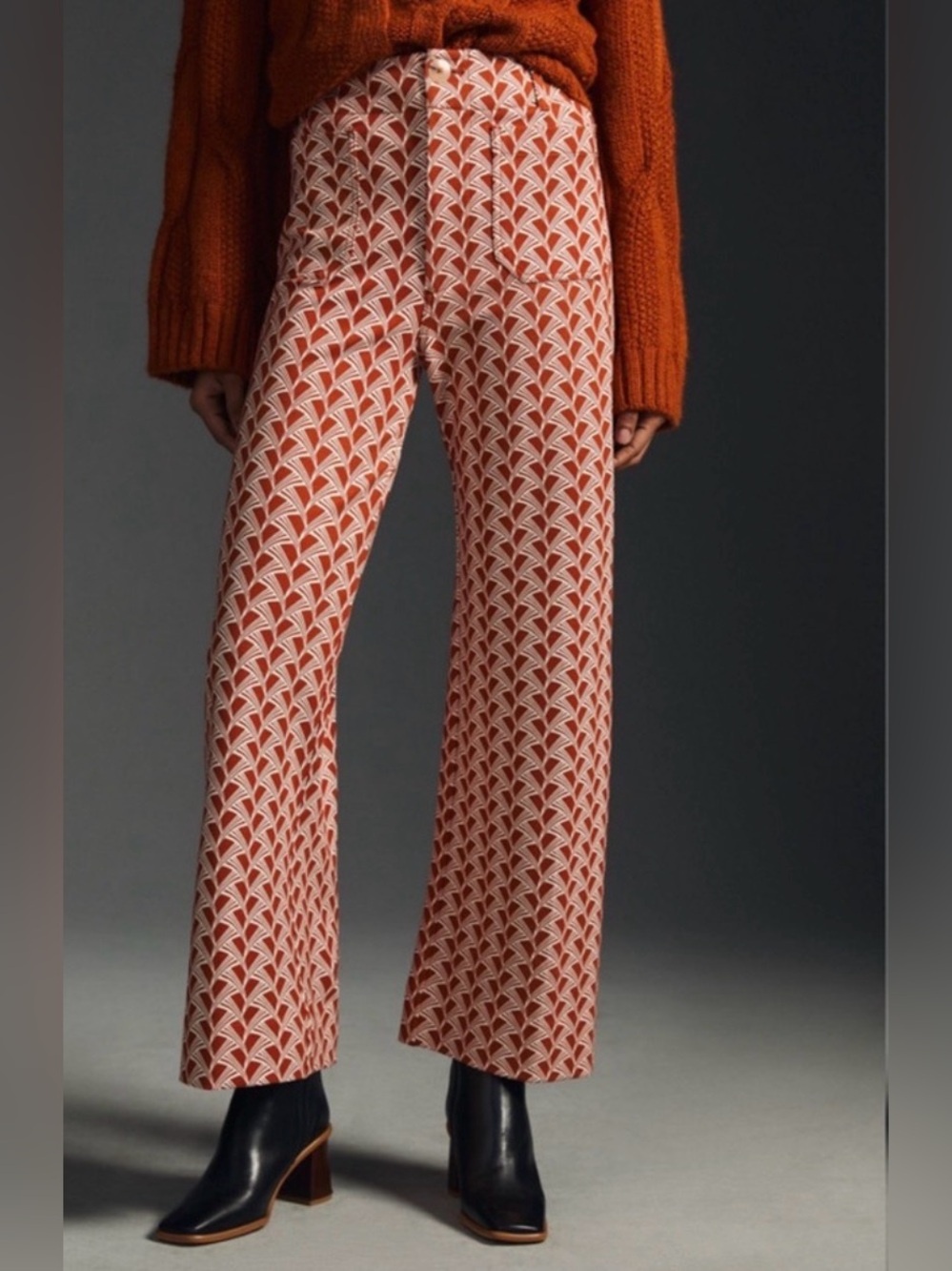 MAEVE Colette Ponte Knit Wide Leg Cropped Printed Pants Orange 28